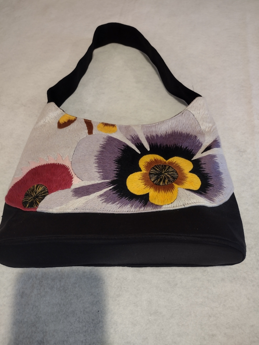 Watzman Design Embroidered Floral Shoulder Bag with Bold Yellow & Purple Flowers